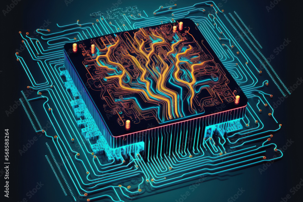 Poster modern high tech idea circuit board cpu processor microchip starting artificial intelligence visuali