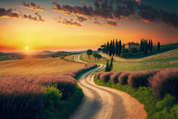 Wonderfully beautiful Tuscan sunset scenery in the summer. Stunning flower filled grain fields and a meandering country road lined with cypress trees at dusk, Italy, Europe, Tuscany, Asciano - obrazy, fototapety, plakaty
