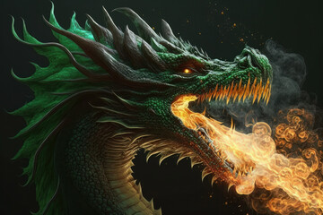 Green dragon breathing fire on a black background isolated on a white background. Mythological creature.