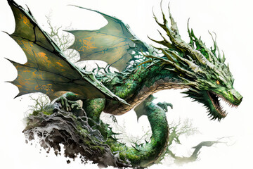 Fototapeta premium Green dragon flying through the air on a white background. Mythological creature.