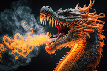 Orange dragon breathing fire dark background. Mythological creature.