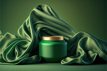 Green cosmetic cream jar on green cloth background. Blank luxury body care beauty unbranded product packaging template for promotion and advertising. Elegant mockup. 3d render