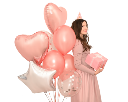 a woman with balloons celebrates holiday - Powered by Adobe