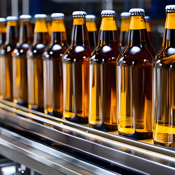 beer bottle and glass on a manufacturing, production line