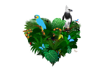 jungle rainforest heart illustrations with macaw parrot, harpy eagle, toucan, python, motmot and butterflies - obrazy, fototapety, plakaty