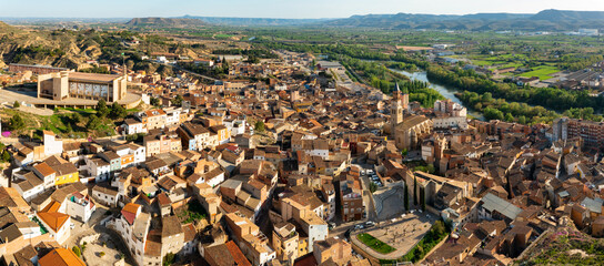 Bird's eye view of Spanish town Fraga. Cinca River visible from above.