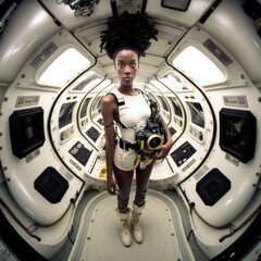 Wide-angle shot of a young beautiful African American woman in the cargo bay of a futuristic space station, generative ai