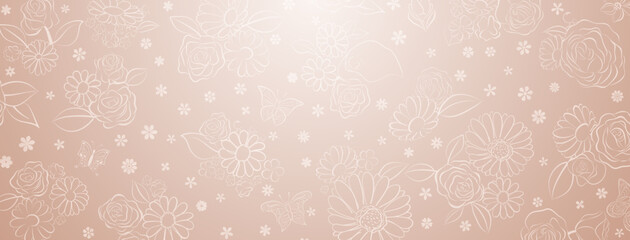 Spring background in beige colors made of various flowers and butterflies
