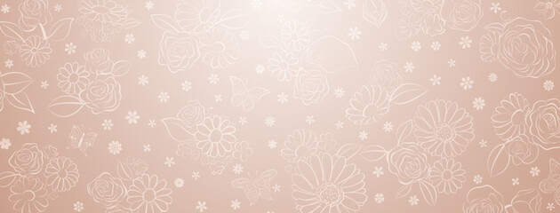 Spring background in beige colors made of various flowers and butterflies