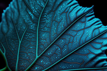 Close up macro of a leaf texture. veins and grooves in leaves. blue in color. Generative AI