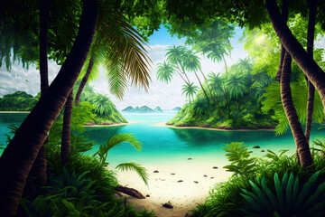 Beautiful view of the jungle, beach, and lagoon with palm trees and tropical foliage is suitable for a backdrop. Generative AI - obrazy, fototapety, plakaty
