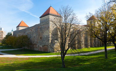 Fototapeta na wymiar View of medieval Thury Castle on main square of hungarian city Varpalota