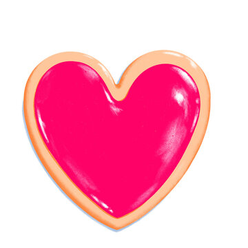 heart shape sugar cookie with shiny red icing - Valentine's Day dessert - romantic love baked goods realistic illustration on PNG transparent background 