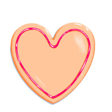 heart shape sugar cookie with minimalist red icing line decoration - Valentine's Day dessert - romantic love baked goods drawing on PNG transparent background 