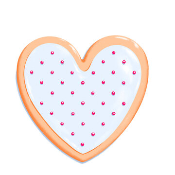 heart shape sugar cookie with shiny white icing and red polkadots - Valentine's Day dessert - romantic love baked goods drawing on PNG transparent background 