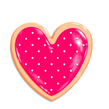 heart shape sugar cookie with red icing and white polkadots - Valentine's Day dessert - romantic love baked goods realistic illustration on PNG transparent background 
