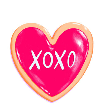 heart shape sugar cookie with red icing and XOXO writing typography - Valentine's Day dessert - romantic love baked goods realistic illustration on PNG transparent background graphic resource art