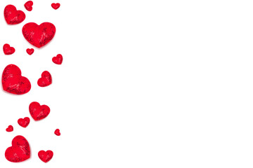 Frame made of red decorative hearts isolated on white background. Love. Valentine's Day concept. Free space for text.