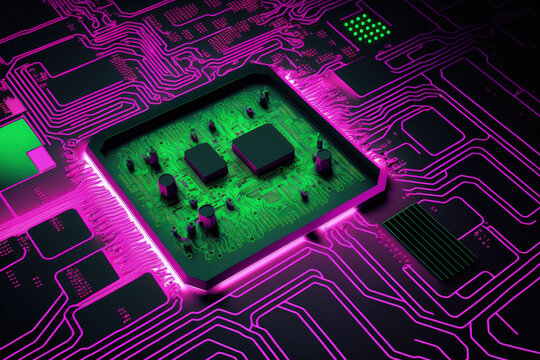 Electronics processor or IC circuit pattern surface in the future. Background of futuristic, hi tech equipment or a facility. magenta to green reflection. As an illustration. Generative AI
