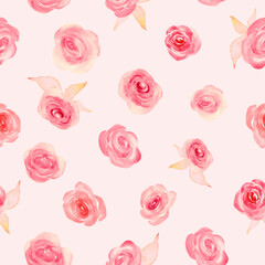 Watercolor seamless pattern with abstract pink roses. Hand drawn floral illustration isolated on pastel background. Vector EPS.