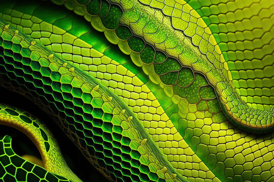 Green tree python's body Closeup of Morelia viridis. portraiture as art. Snake skin, a natural texture, an abstract design. Nature, environmental protection, wildlife preservation, zoology, and herpet