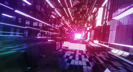 Mission critical. Futuristic sci-fi style corridor or shaft background with exit or goal ahead. Abstract cyber or digital escape way concept.  3D illustration, 3D rendering. © killykoon