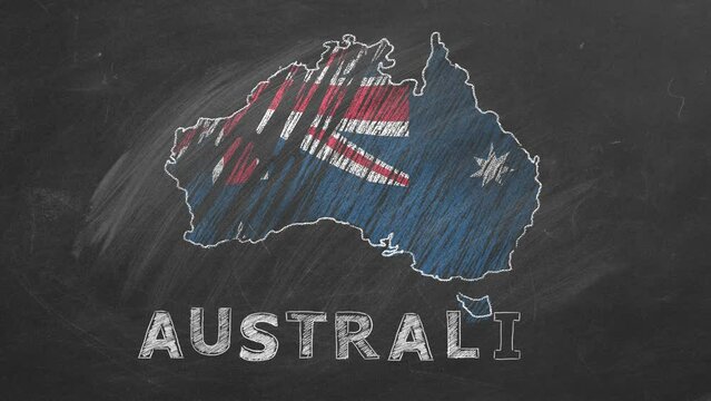 Map of Australia with name and flag inside drawn in chalk on a blackboard. Hand drawn animation. One of a large series of maps and flags of different countries. Education, travel, study abroad concept