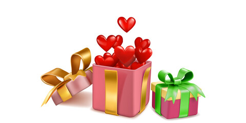 Valentine's Day illustration with colored gift boxes tied with ribbons with a bows, and a lot of red hearts flying out of open box, on white background