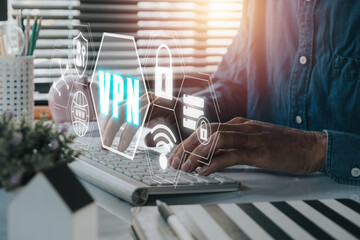 VPN Virtual Private network protocol concept, Man hand typing on keyboard computer with vpn icon on...