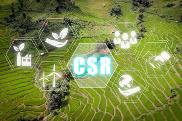 CSR Corporate Social Responsibility concept, Aerial top view rice terrace with Corporate Social...