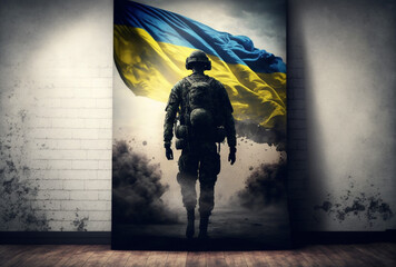 Vertical shot of brave Ukrainian soldier at war, Ukrainian soldier with flag, remember the war Generative AI