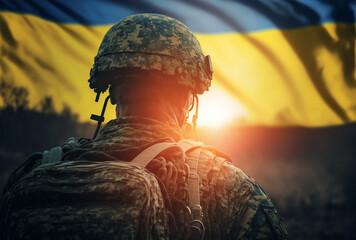 Vertical shot of brave Ukrainian soldier at war, Ukrainian soldier with flag, remember the war Generative AI