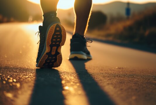 Sportschuhe beim Laufen in Nahaufnahme auf der Stra&szlig;e im Sonnenuntergang. Drau&szlig;en Joggen als Workout nach dem Feierabend. Laufsport Illustration
