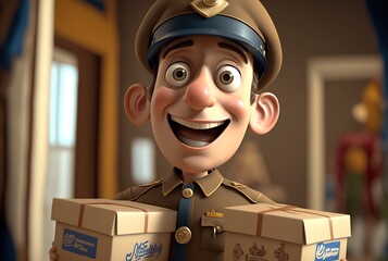 Funny cartoon parcel man at the parcel service brings the mail like at DHL or UPS, he wears a uniform. - obrazy, fototapety, plakaty