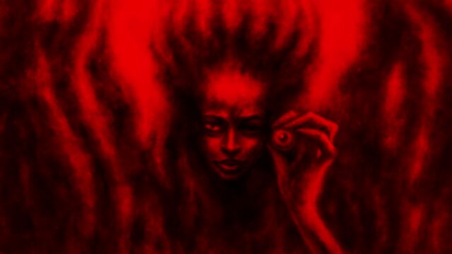 Evil witch demon holds her eye in hand 2D animation. Horror fantasy genre. Spooky visions of hell. Halloween dark ghost. Scary character from nightmares. Gloomy video clip. Black and red background.
