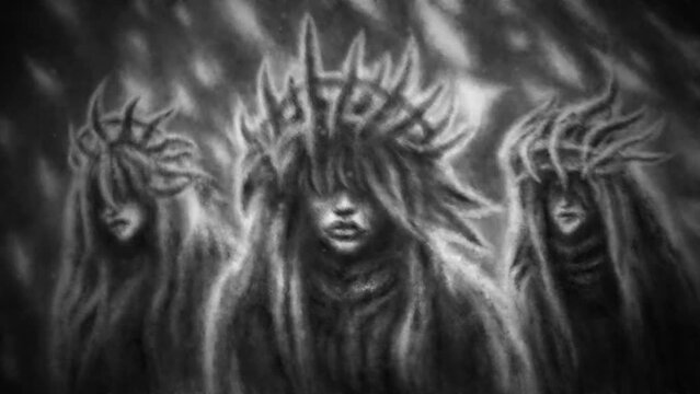 Creepy weird sisters of darkness. Evil witches 2D animation. Branch crowns. Horror fantasy genre. Mystic girl face. Other dark world. Gloomy ghost in haze. Spooky female character. Gothic cruel woman.