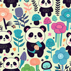 seamless pattern with flowers and panda