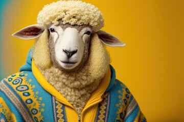 Created with Generative AI technology. sheep dressed in hippy clothes. Humanizationa of animals concept