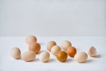 Chicken eggs on white background. Side view. Easter concept