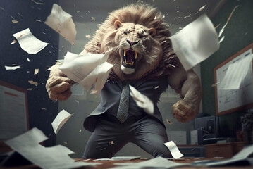 Lion wearing business suit is furious in office, mad manager or boss tearing up paper, concept of stress, employee. 