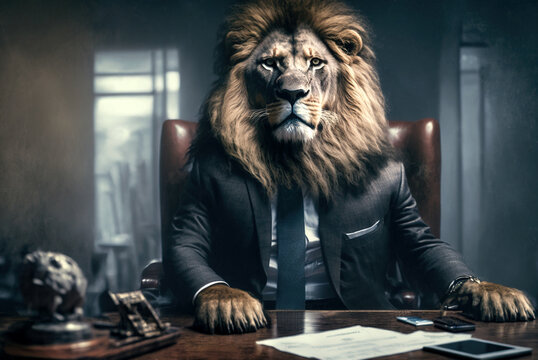 Lion wearing business suit in office, man boss with head of animal, generative AI