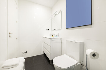Bathroom with white wooden furniture with drawers, square mirror with lamp on the wall and white porcelain toilets
