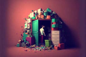 hoarding a type of mental disorder. A bunch of unnecessary things in the room. Man collects garbage around him. Created with Generative AI technology. - obrazy, fototapety, plakaty