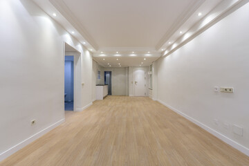 Totally empty living room with white painted walls with a wooden floor, integrated ceiling lights, a corridor leading to other rooms and a white armored entrance door
