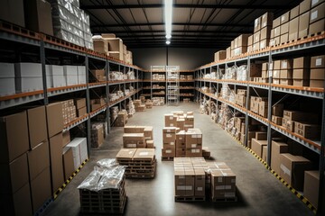 Obraz premium Large clean warehouse with shelfs, cardboard boxes and products. Generative AI