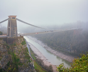 Clifton suspension Bridge in Bristol on a foggy day England	