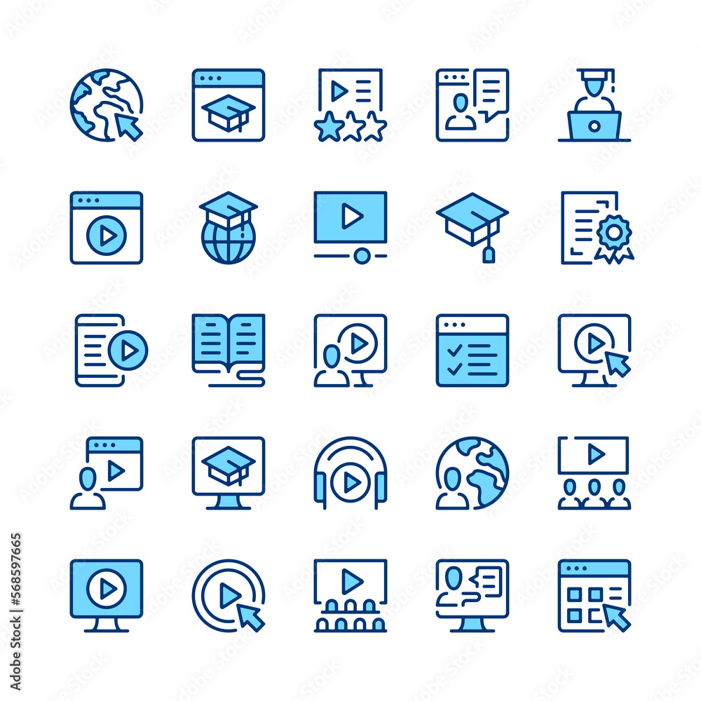 Poster video tutorials line icons. set of video tutorials icons. blue color. vector line icons set