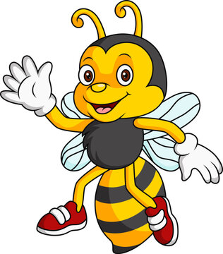 Cute happy bee cartoon on white background