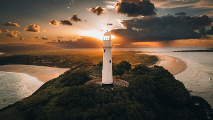 Ilha do Mel - Paraná. Aerial view of the Conchas lighthouse and beaches of Ilha do Mel - obrazy, fototapety, plakaty
