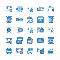 Credit card line icons. Set of credit card icons. Blue color. Vector line icons set
